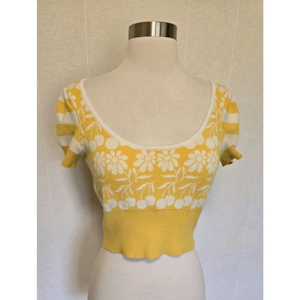 Anthropologie Maeve Trixie Cropped Tie Back Sweater Cherries Retro Pinup‎ XXSP